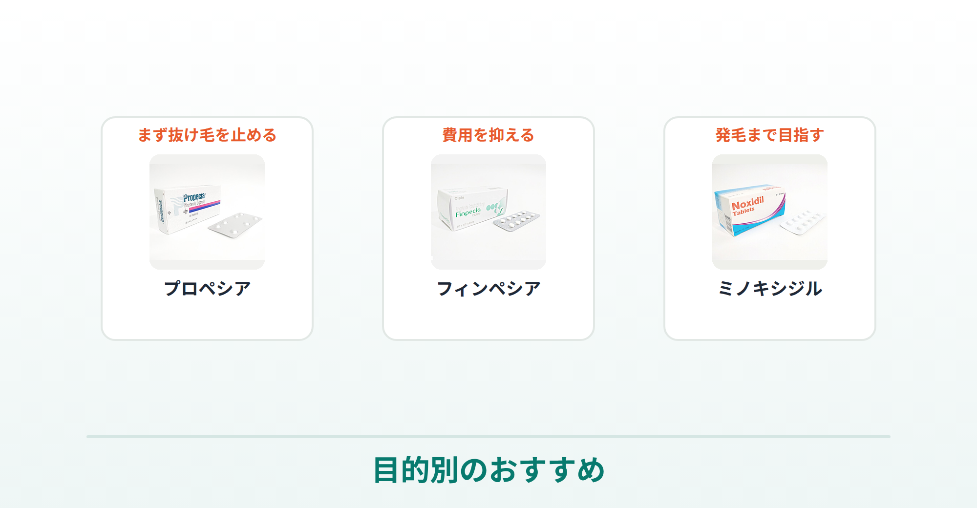 目的別のおすすめAGA治療薬（まず抜け毛を止める・費用を抑える・発毛まで目指す）を商品画像で示した画像