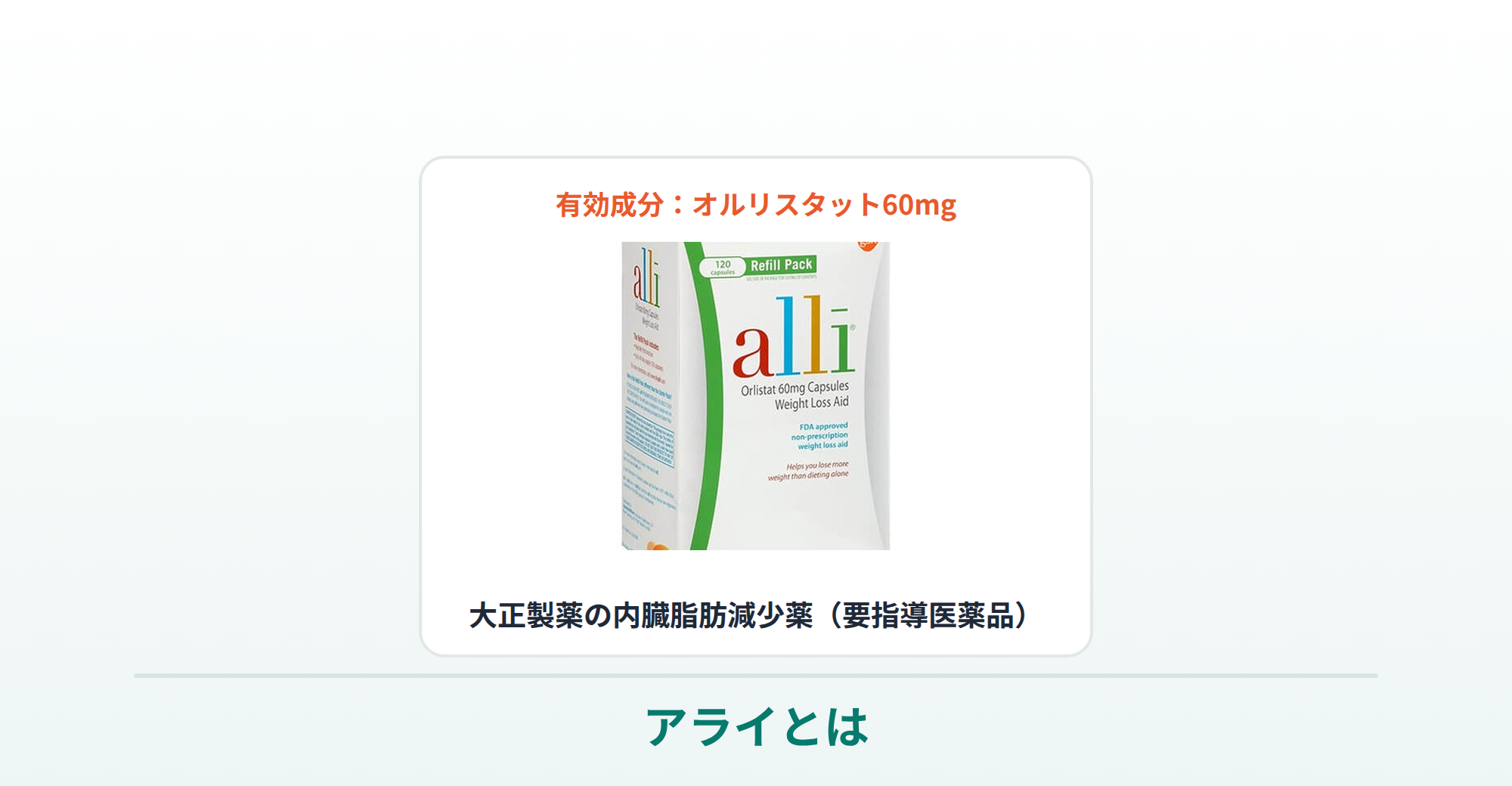アライ（alli／オルリスタット60mg・大正製薬の内臓脂肪減少薬）の箱の商品写真