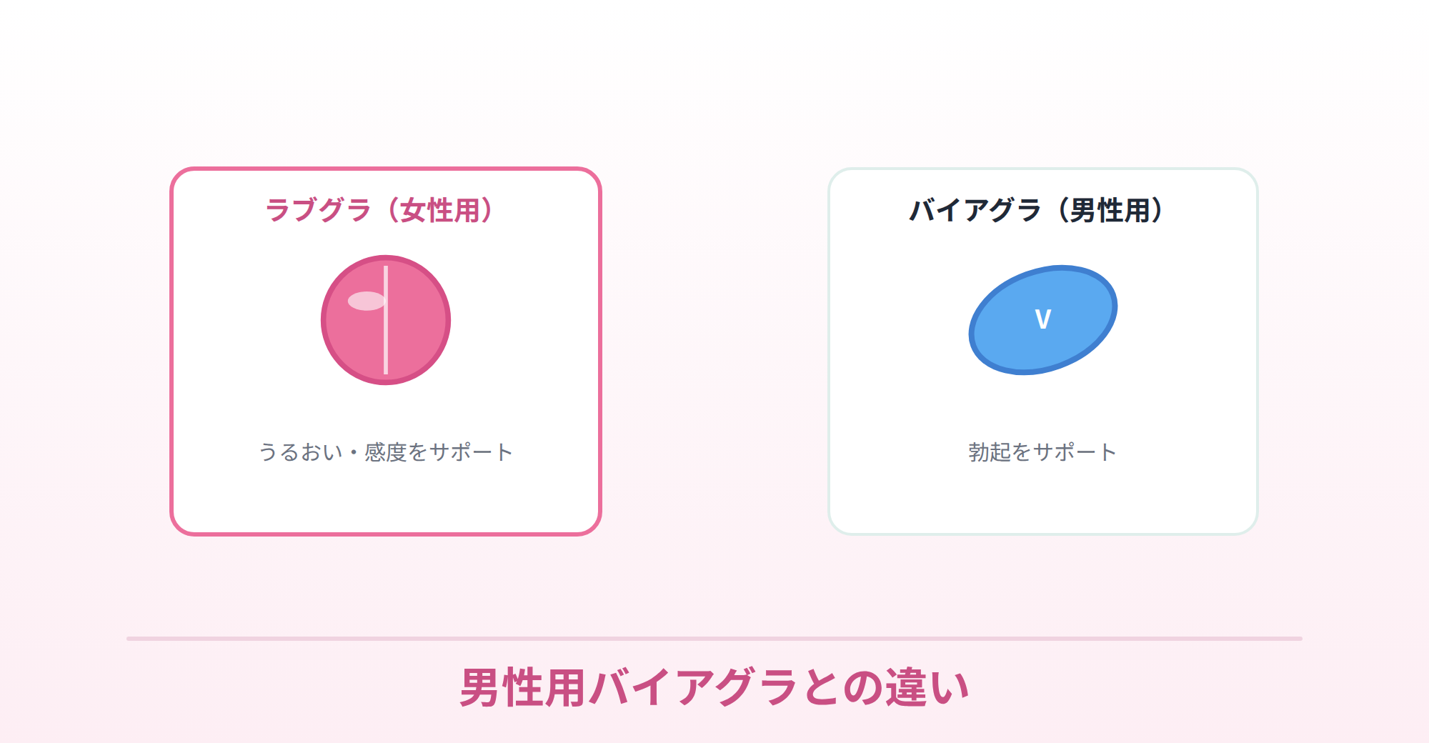 ラブグラ（女性用・うるおいと感度をサポート）と男性用バイアグラ（勃起をサポート）の違いを表したイラスト