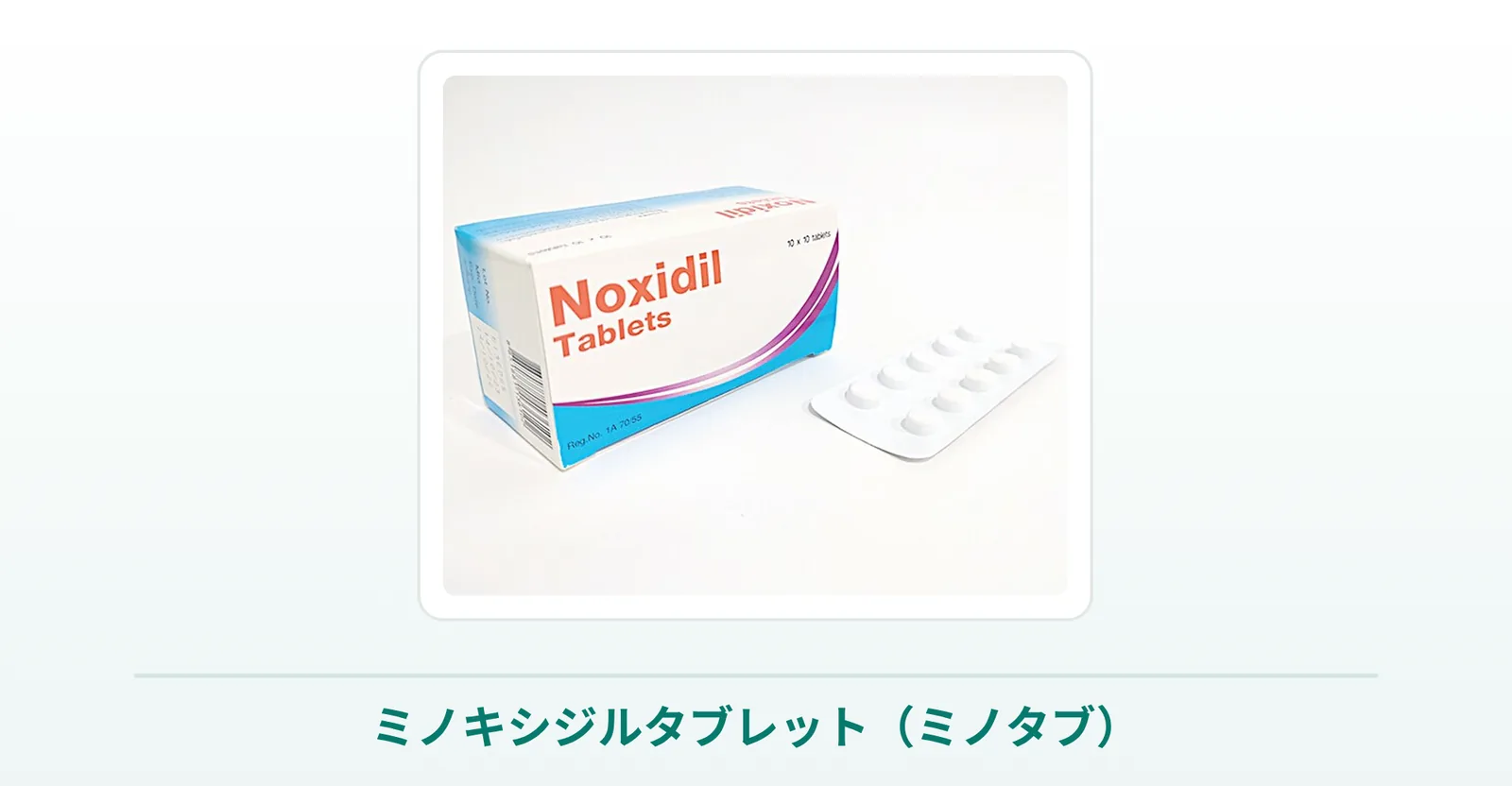 ミノキシジルタブレット（Noxidil）の箱と白い錠剤の商品写真