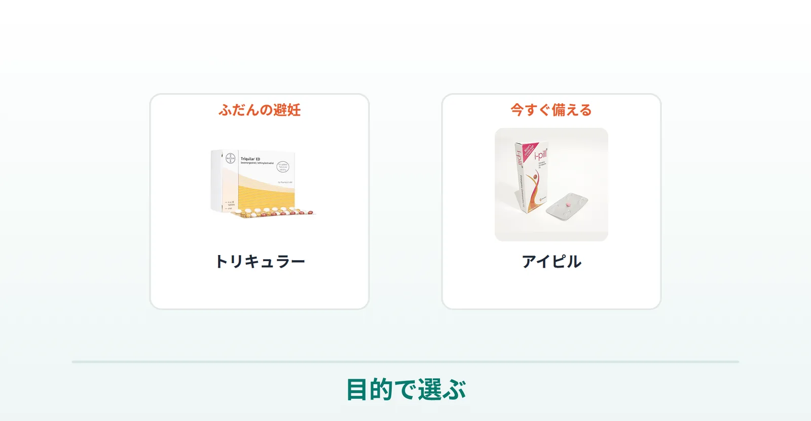目的別の避妊薬の選び方（ふだんの避妊＝トリキュラー／今すぐ備える＝アイピル）を商品画像で示した画像