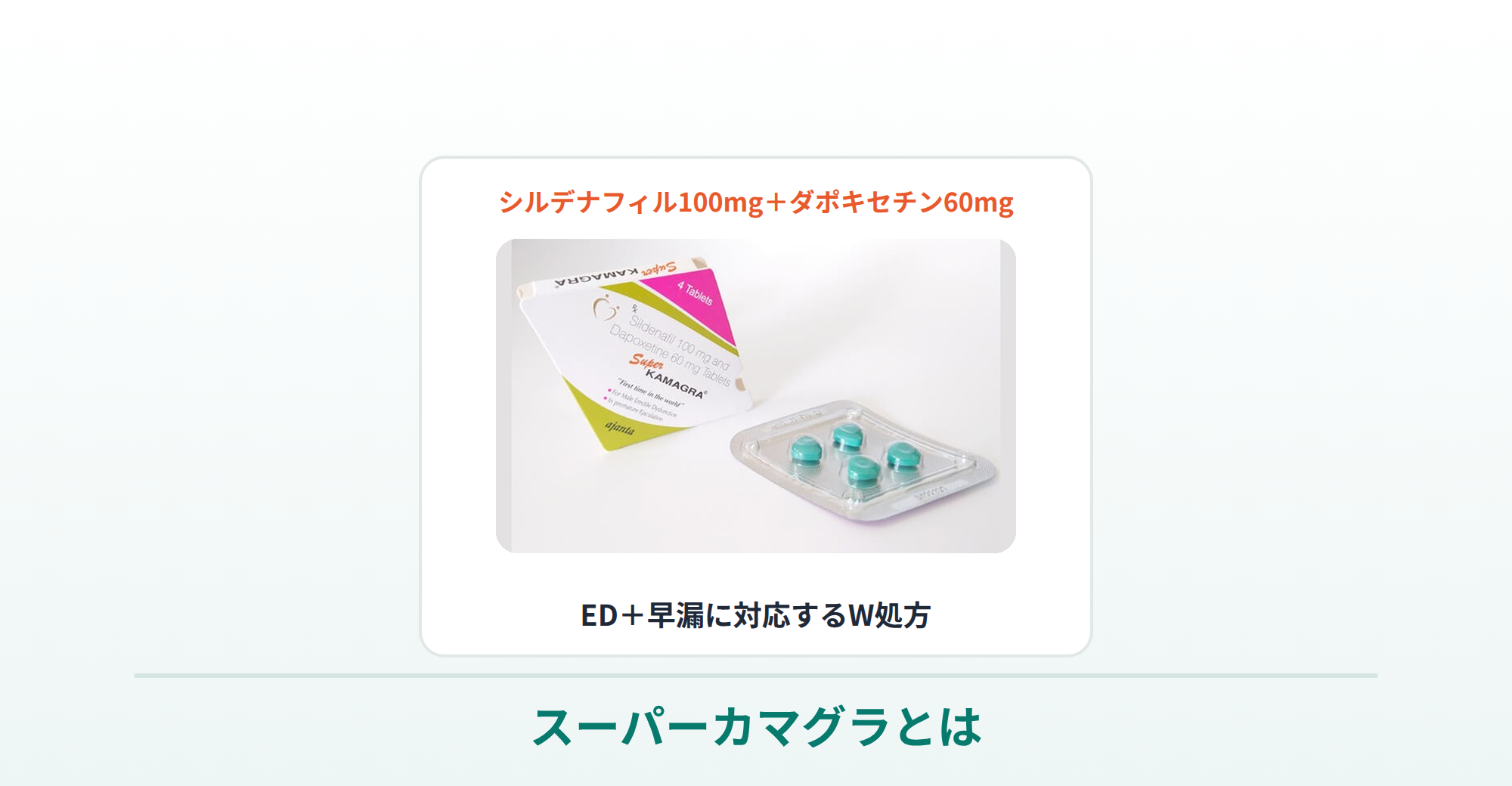 スーパーカマグラ（シルデナフィル100mg＋ダポキセチン60mg配合）の箱と錠剤の商品写真