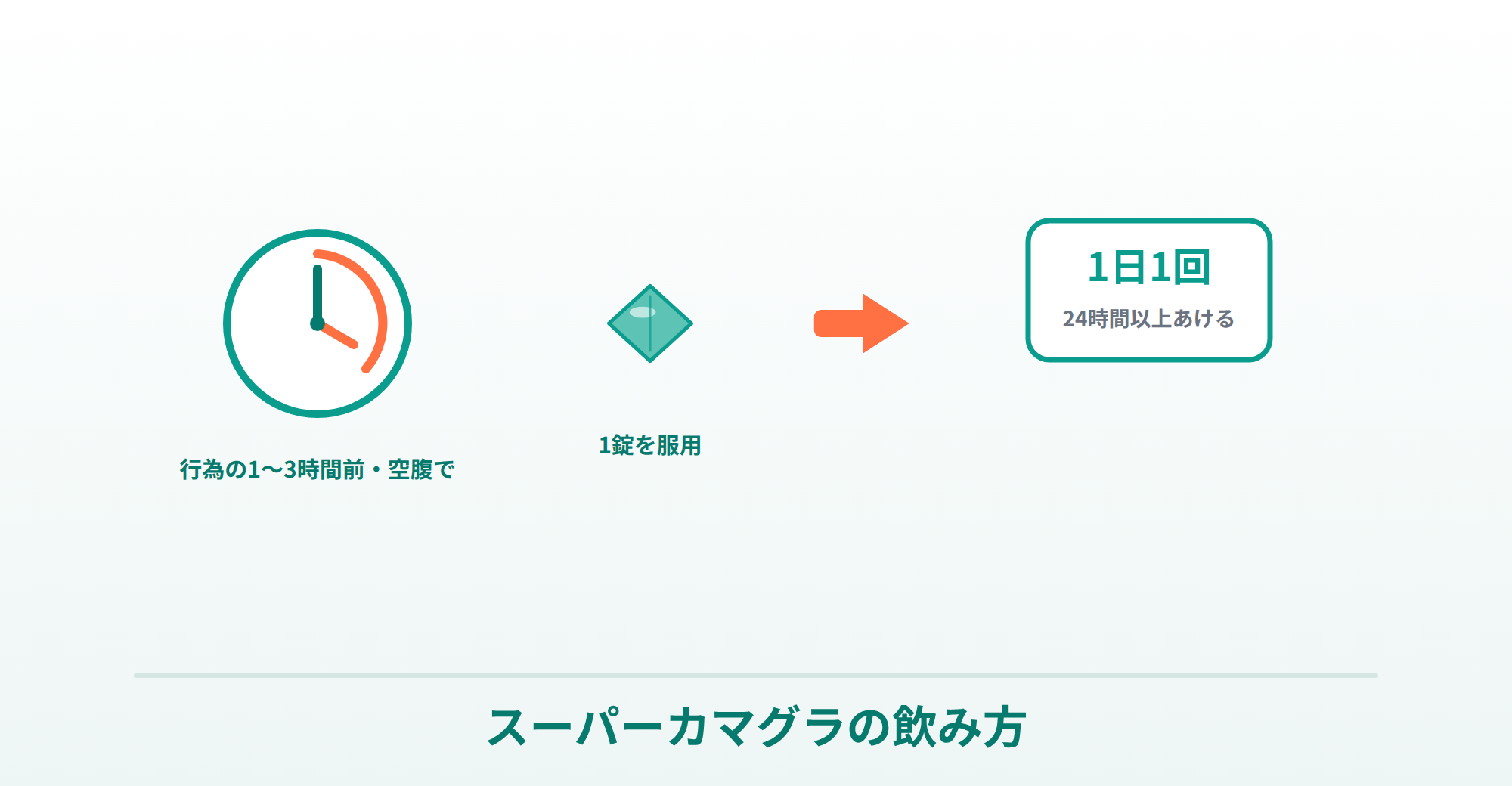 スーパーカマグラの正しい飲み方（行為の1〜3時間前・空腹・1錠・1日1回・24時間あける）を表したイラスト