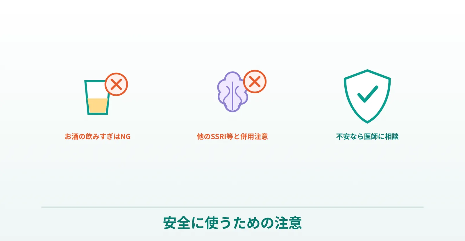スーパーカマグラを安全に使う注意（お酒の飲みすぎNG・他のSSRI併用注意・不安なら医師に相談）を表したイラスト